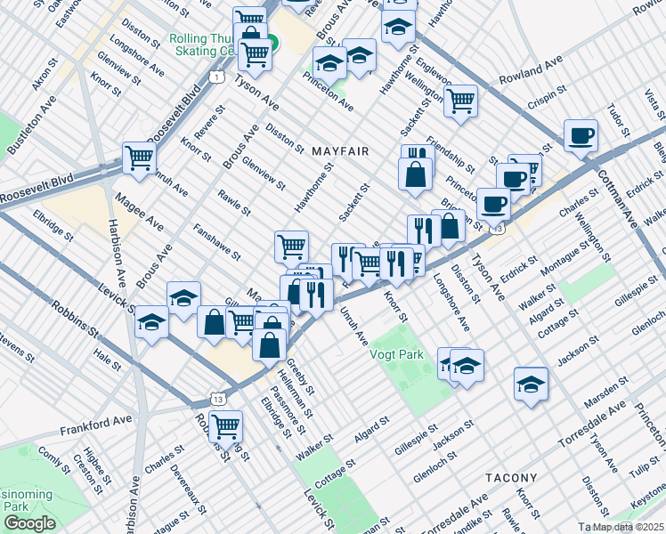map of restaurants, bars, coffee shops, grocery stores, and more near 3231 Rawle Street in Philadelphia
