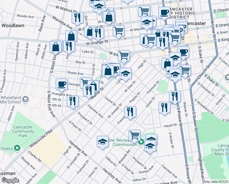 map of restaurants, bars, coffee shops, grocery stores, and more near 626 Lafayette Street in Lancaster