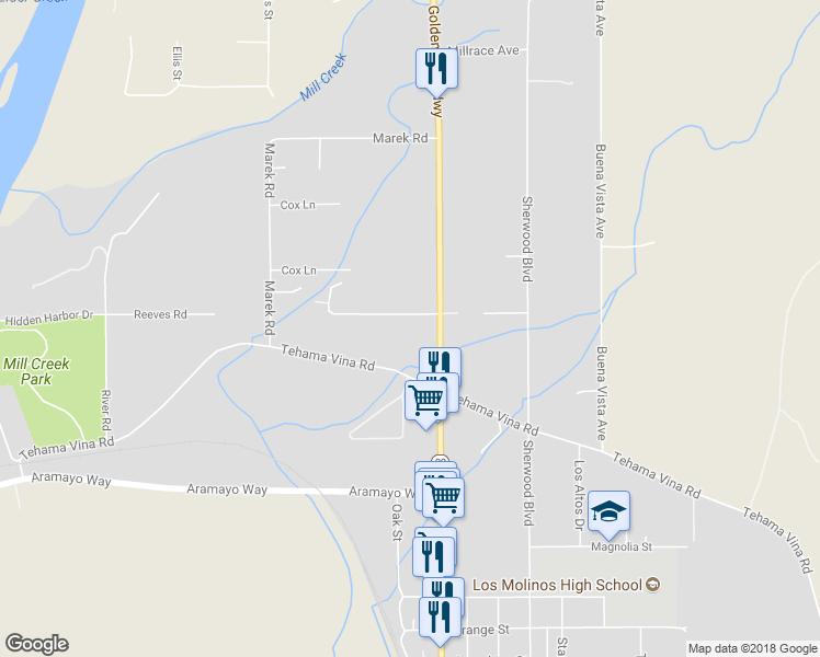 map of restaurants, bars, coffee shops, grocery stores, and more near 8165 State Highway 99 East in Los Molinos