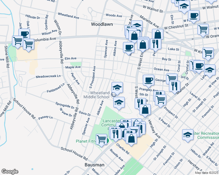 map of restaurants, bars, coffee shops, grocery stores, and more near 324 Atkins Avenue in Lancaster