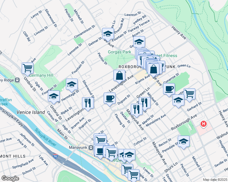 map of restaurants, bars, coffee shops, grocery stores, and more near 4579 Manayunk Avenue in Philadelphia