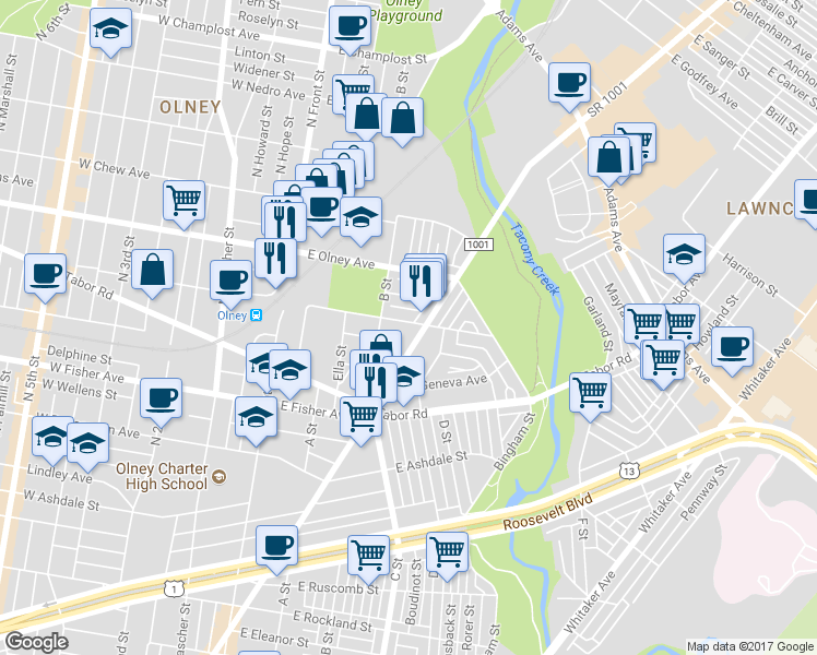 map of restaurants, bars, coffee shops, grocery stores, and more near 338 East Clarkson Avenue in Philadelphia