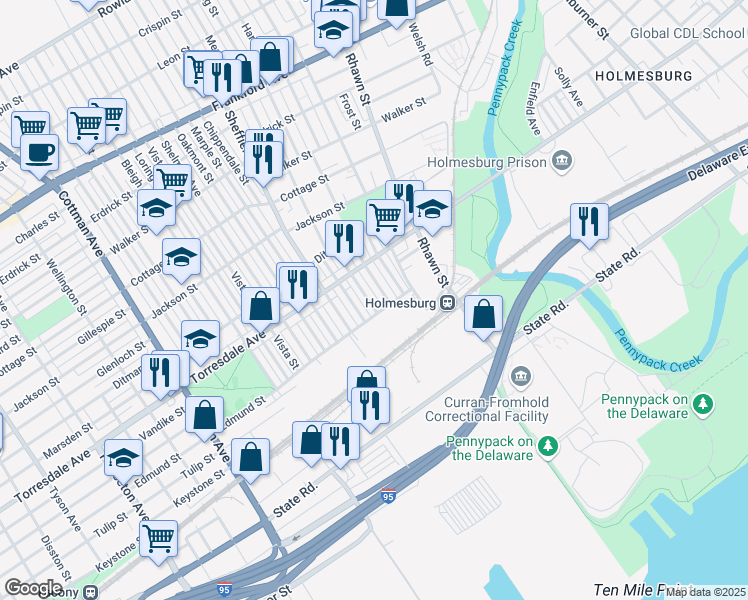 map of restaurants, bars, coffee shops, grocery stores, and more near 4745 Lansing Street in Philadelphia