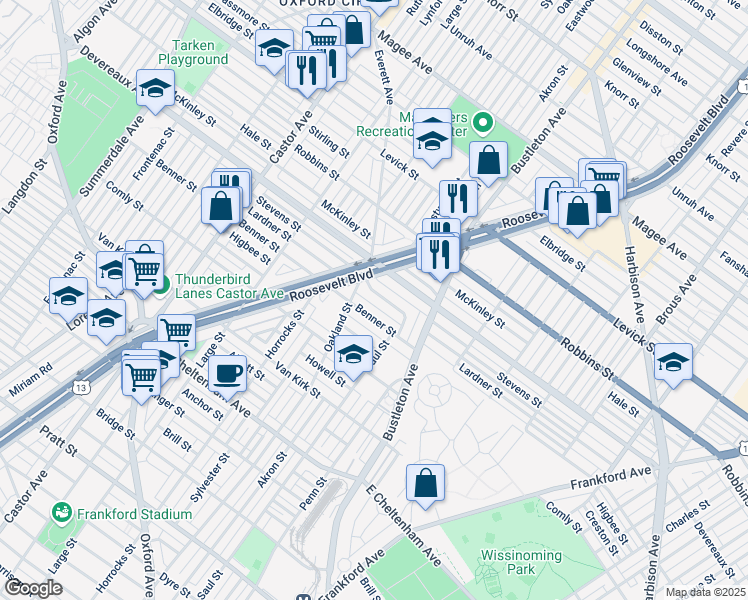 map of restaurants, bars, coffee shops, grocery stores, and more near 1922 Lardner Street in Philadelphia