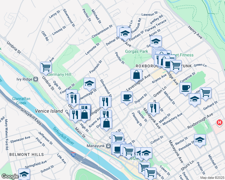 map of restaurants, bars, coffee shops, grocery stores, and more near 319 Hermitage Street in Philadelphia