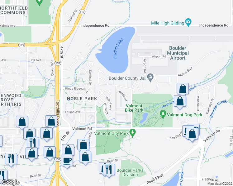 map of restaurants, bars, coffee shops, grocery stores, and more near 151 Vail Circle in Boulder