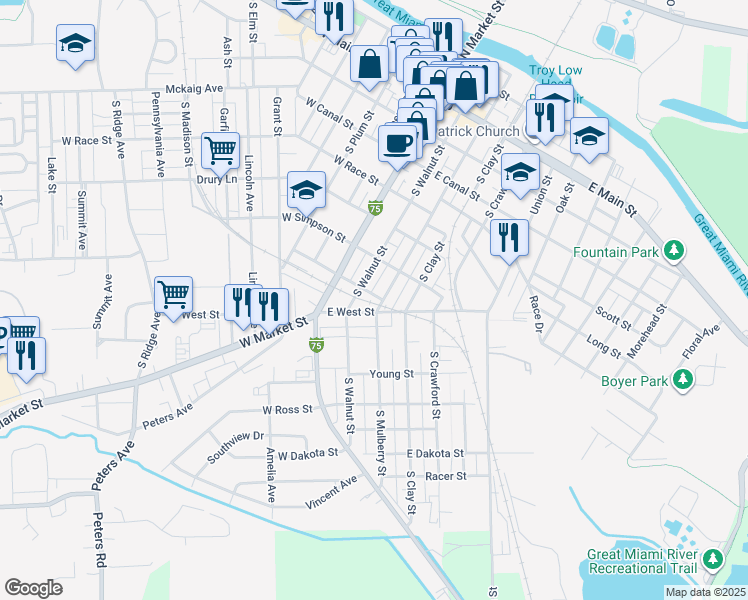 map of restaurants, bars, coffee shops, grocery stores, and more near 518 South Mulberry Street in Troy