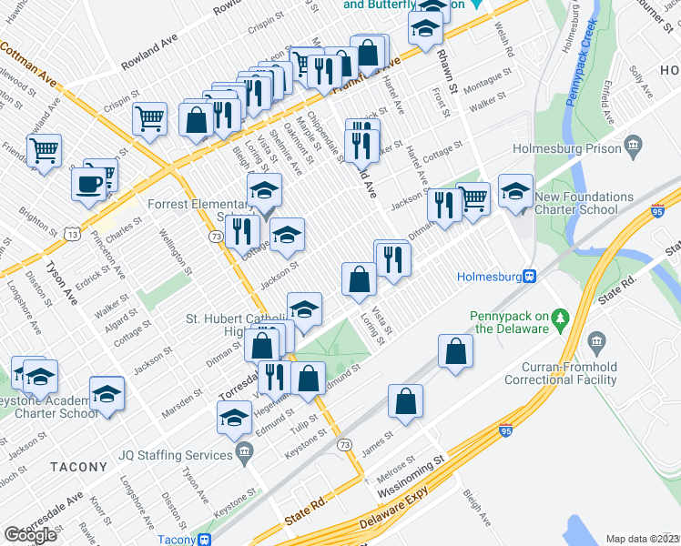 map of restaurants, bars, coffee shops, grocery stores, and more near 4547 Loring Street in Philadelphia