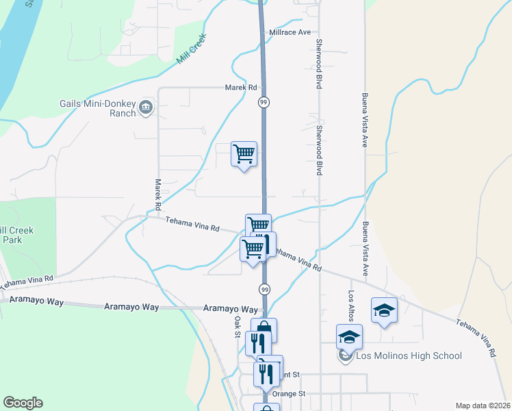 map of restaurants, bars, coffee shops, grocery stores, and more near 8165 State Highway 99 East in Los Molinos