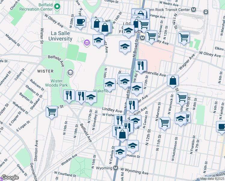 map of restaurants, bars, coffee shops, grocery stores, and more near 5219 North Sydenham Street in Philadelphia