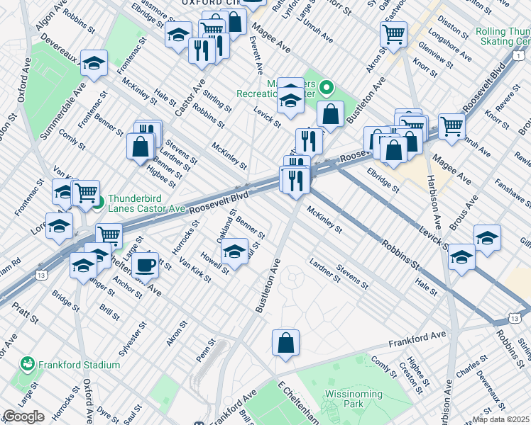 map of restaurants, bars, coffee shops, grocery stores, and more near 1939 Lardner Street in Philadelphia