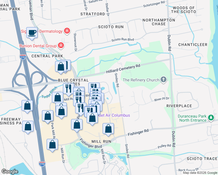 map of restaurants, bars, coffee shops, grocery stores, and more near 3872 Lakedale Drive in Hilliard