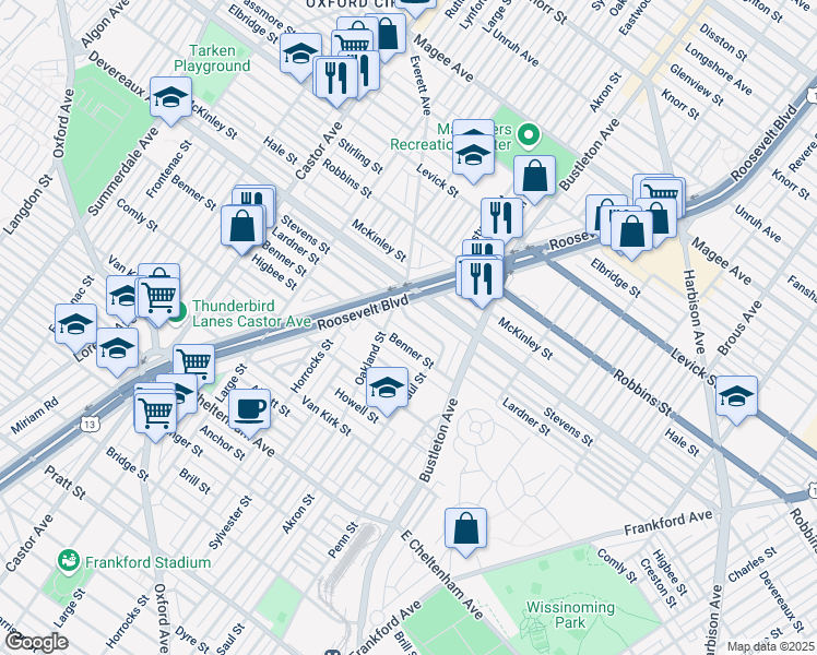 map of restaurants, bars, coffee shops, grocery stores, and more near 1922 Lardner Street in Philadelphia