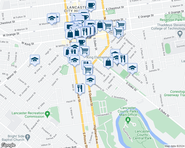 map of restaurants, bars, coffee shops, grocery stores, and more near 531 Howard Avenue in Lancaster