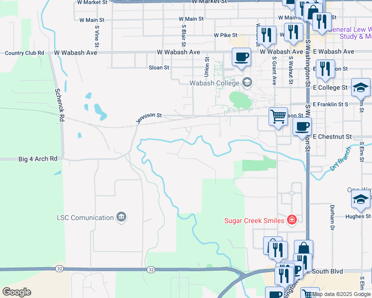 map of restaurants, bars, coffee shops, grocery stores, and more near 688 Sugar Tree Road in Crawfordsville