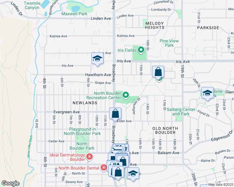 map of restaurants, bars, coffee shops, grocery stores, and more near in Boulder