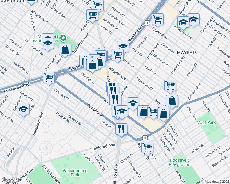 map of restaurants, bars, coffee shops, grocery stores, and more near 2817 Hellerman Street in Philadelphia