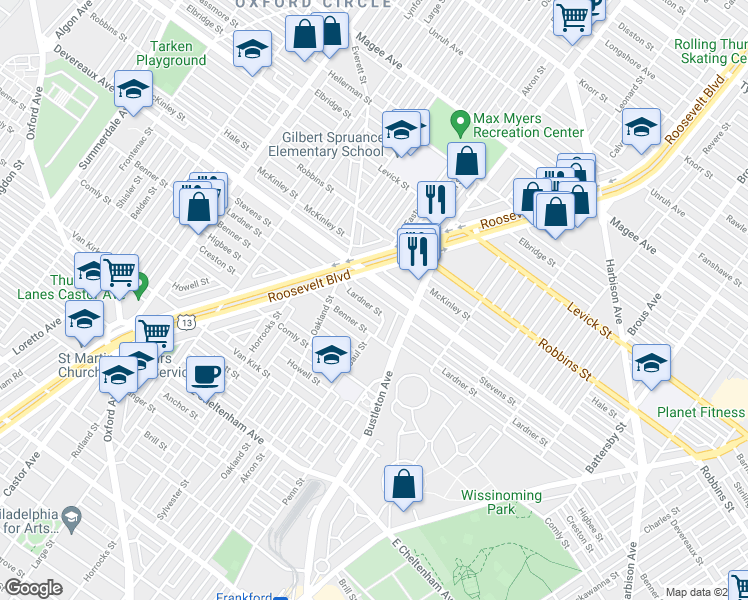 map of restaurants, bars, coffee shops, grocery stores, and more near 1939 Lardner Street in Philadelphia