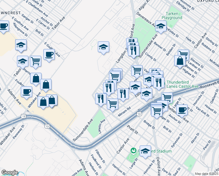 map of restaurants, bars, coffee shops, grocery stores, and more near 877 Brill Street in Philadelphia