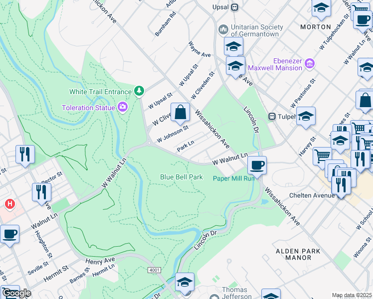 map of restaurants, bars, coffee shops, grocery stores, and more near 637 Park Lane in Philadelphia