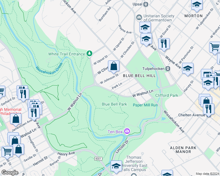 map of restaurants, bars, coffee shops, grocery stores, and more near 658 Park Lane in Philadelphia