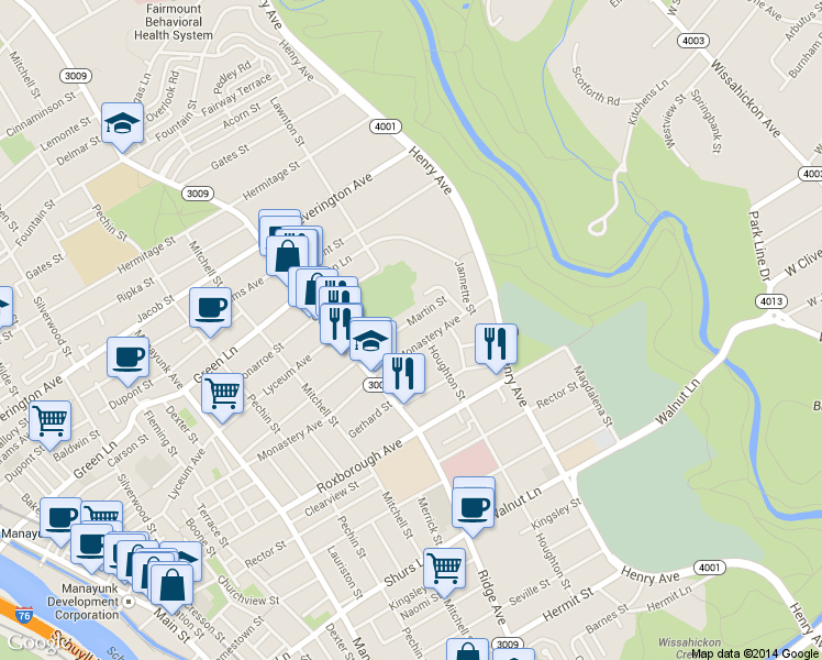 map of restaurants, bars, coffee shops, grocery stores, and more near 579 Martin Street in Philadelphia