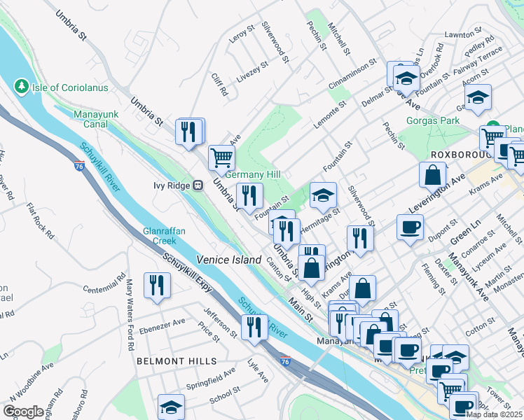 map of restaurants, bars, coffee shops, grocery stores, and more near 4815 Smick Street in Philadelphia