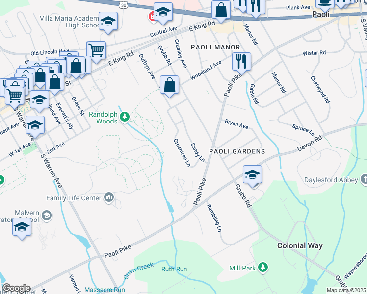 map of restaurants, bars, coffee shops, grocery stores, and more near 25 Greentree Lane in Malvern