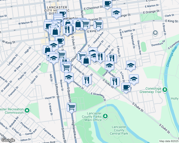 map of restaurants, bars, coffee shops, grocery stores, and more near 500 South Duke Street in Lancaster