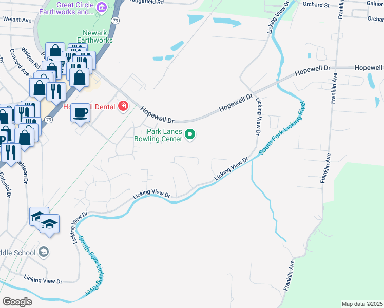 map of restaurants, bars, coffee shops, grocery stores, and more near 701 Hopewell Drive in Heath