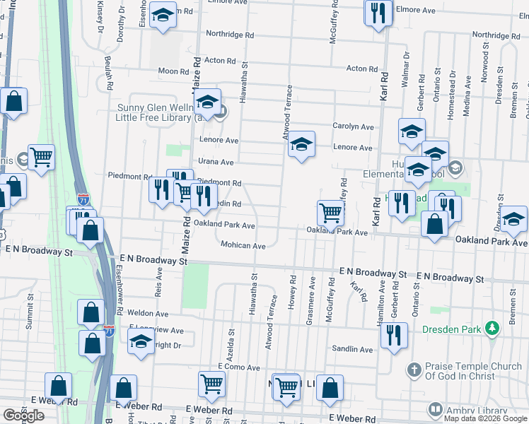 map of restaurants, bars, coffee shops, grocery stores, and more near 1106 East Dunedin Road in Columbus