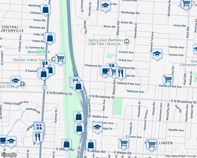 map of restaurants, bars, coffee shops, grocery stores, and more near 3352 Kimberly Avenue in Columbus