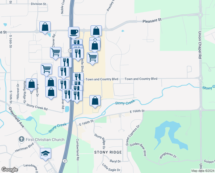 map of restaurants, bars, coffee shops, grocery stores, and more near 10075 Town and Country Boulevard in Noblesville