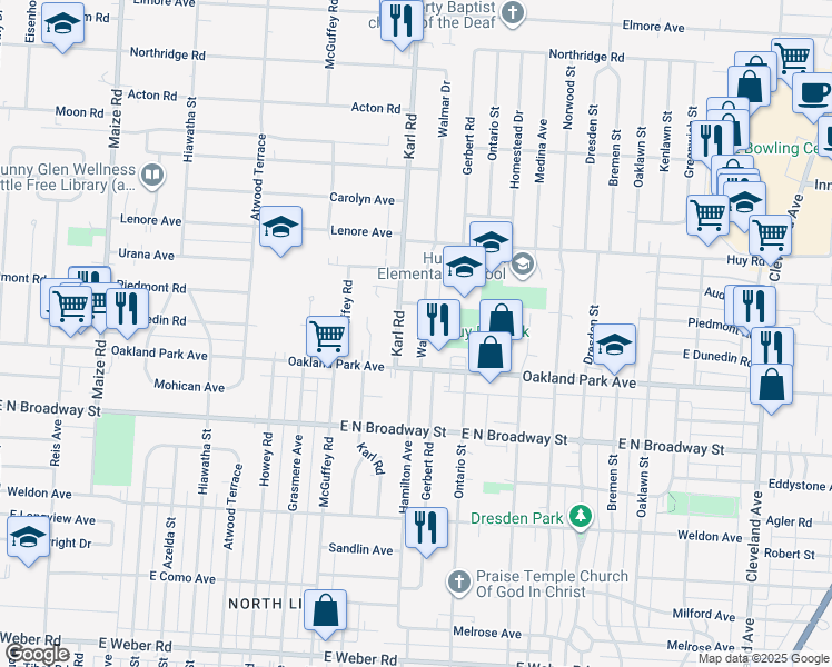 map of restaurants, bars, coffee shops, grocery stores, and more near 3261 Walmar Drive in Columbus