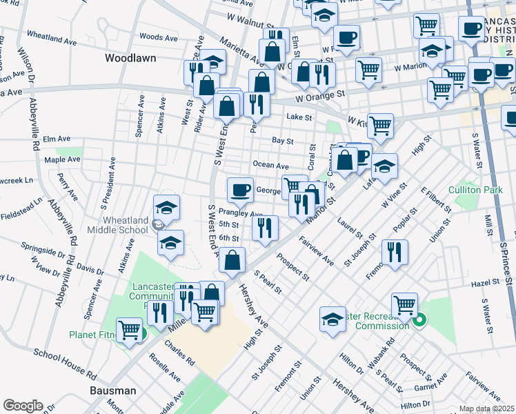 map of restaurants, bars, coffee shops, grocery stores, and more near 728 4th Street in Lancaster