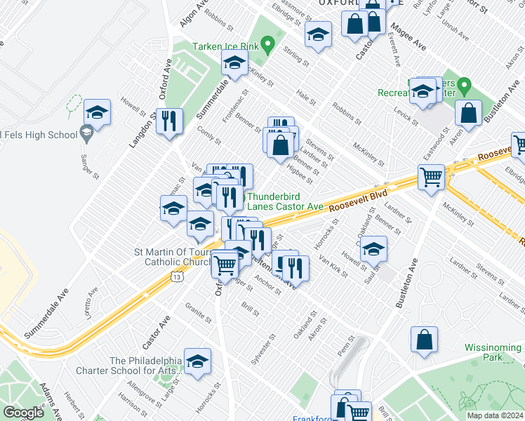 map of restaurants, bars, coffee shops, grocery stores, and more near 1359 Van Kirk Street in Philadelphia