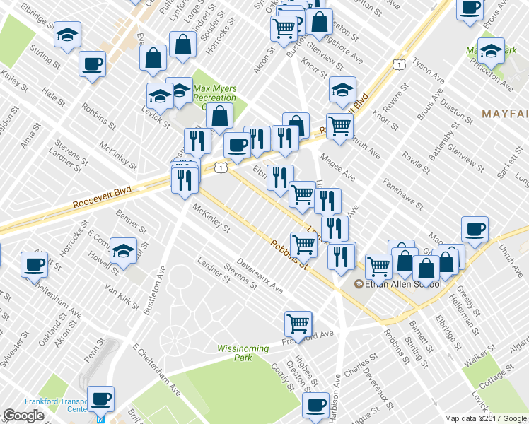 map of restaurants, bars, coffee shops, grocery stores, and more near 6336 Farnsworth Street in Philadelphia