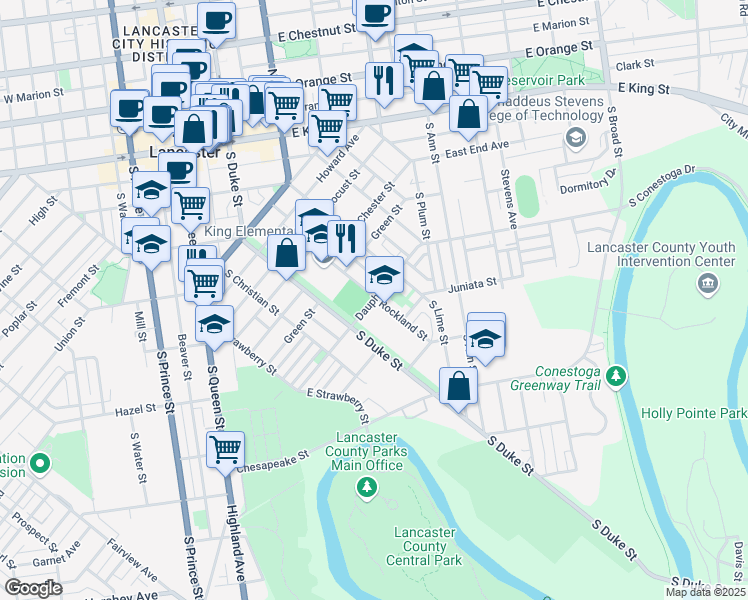 map of restaurants, bars, coffee shops, grocery stores, and more near 305 Dauphin Street in Lancaster