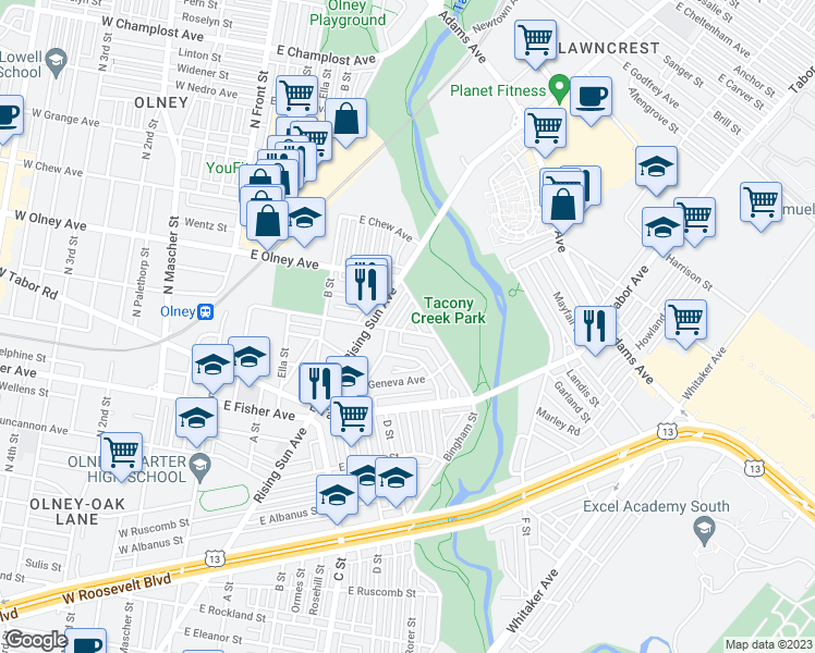 map of restaurants, bars, coffee shops, grocery stores, and more near 521 East Clarkson Avenue in Philadelphia