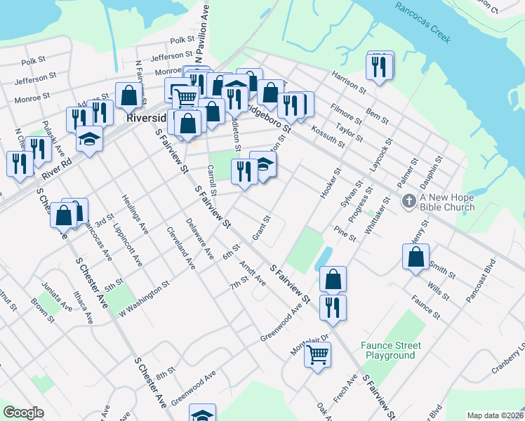 map of restaurants, bars, coffee shops, grocery stores, and more near 64 Park Avenue in Riverside