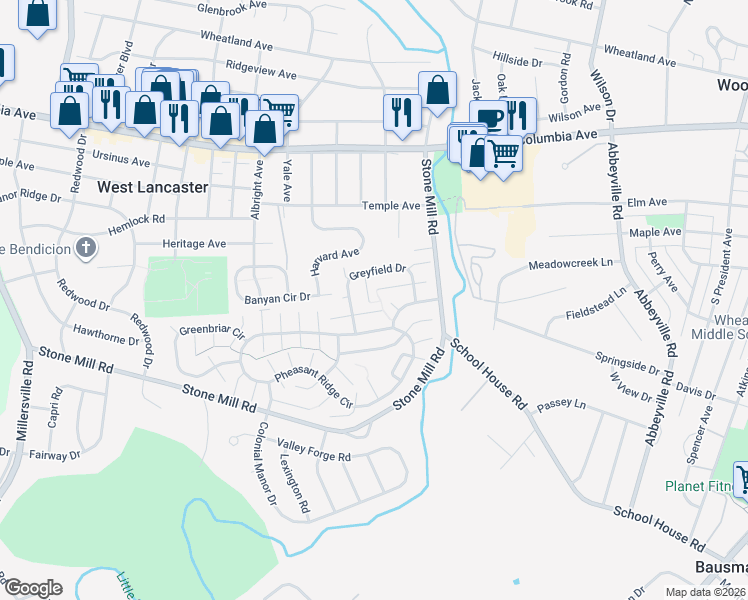map of restaurants, bars, coffee shops, grocery stores, and more near 213 Oakfield Court West in Lancaster