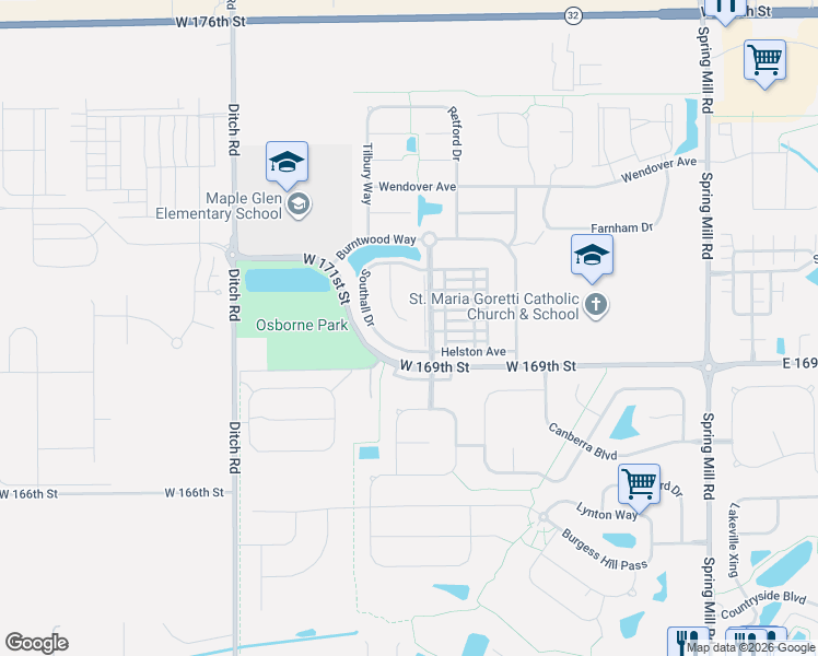 map of restaurants, bars, coffee shops, grocery stores, and more near 16980 Kingsbridge Boulevard in Westfield