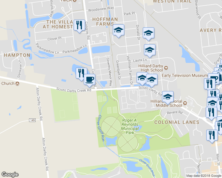 map of restaurants, bars, coffee shops, grocery stores, and more near 6943 Scioto Darby Road in Hilliard