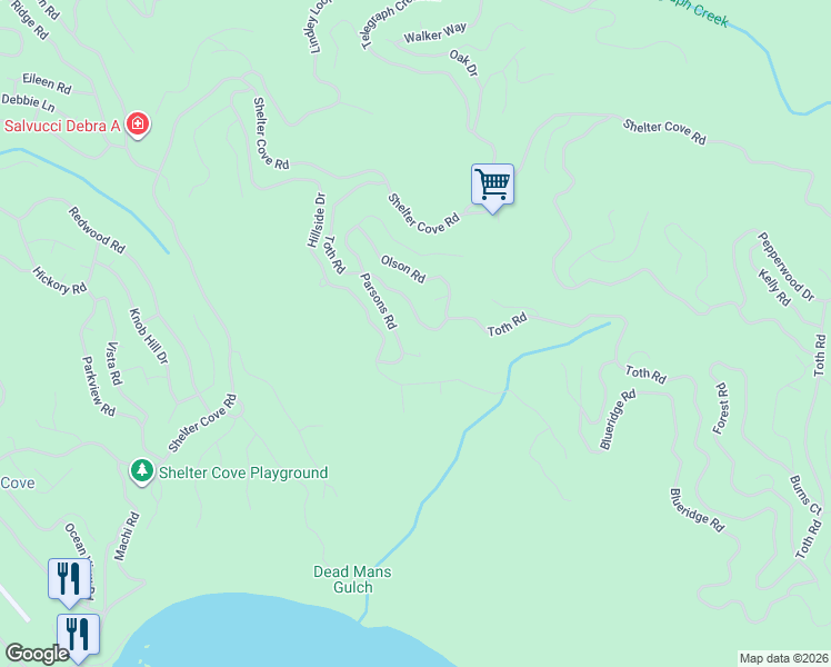 map of restaurants, bars, coffee shops, grocery stores, and more near 124 Parsons Road in Whitethorn