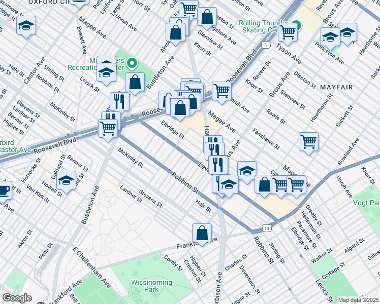 map of restaurants, bars, coffee shops, grocery stores, and more near 2731 Levick Street in Philadelphia