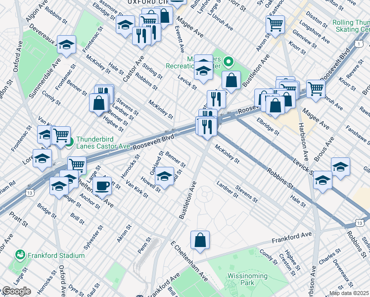 map of restaurants, bars, coffee shops, grocery stores, and more near 1937 Lardner St in Philadelphia