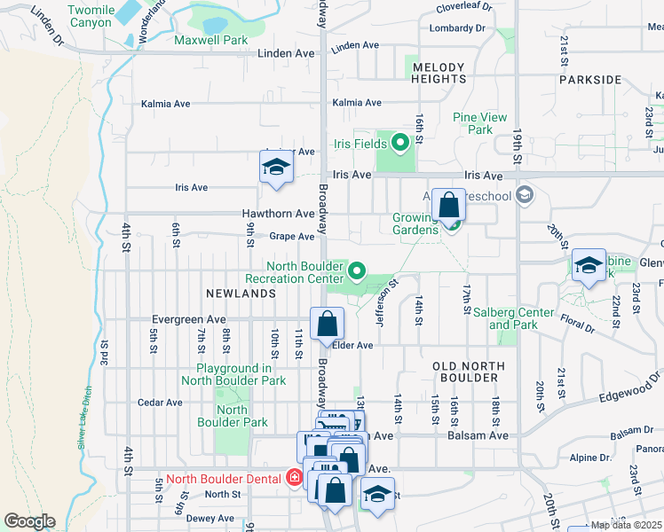 map of restaurants, bars, coffee shops, grocery stores, and more near 3198 Broadway in Boulder