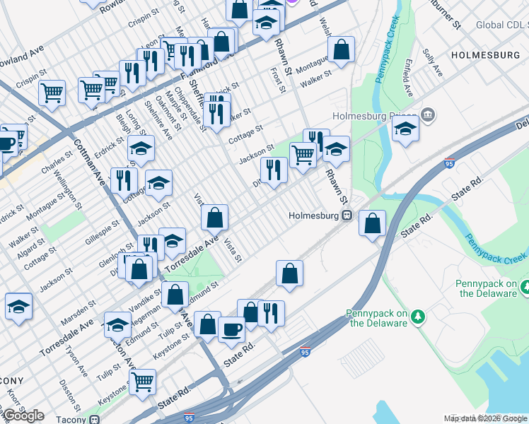 map of restaurants, bars, coffee shops, grocery stores, and more near 4721 Sheffield Avenue in Philadelphia