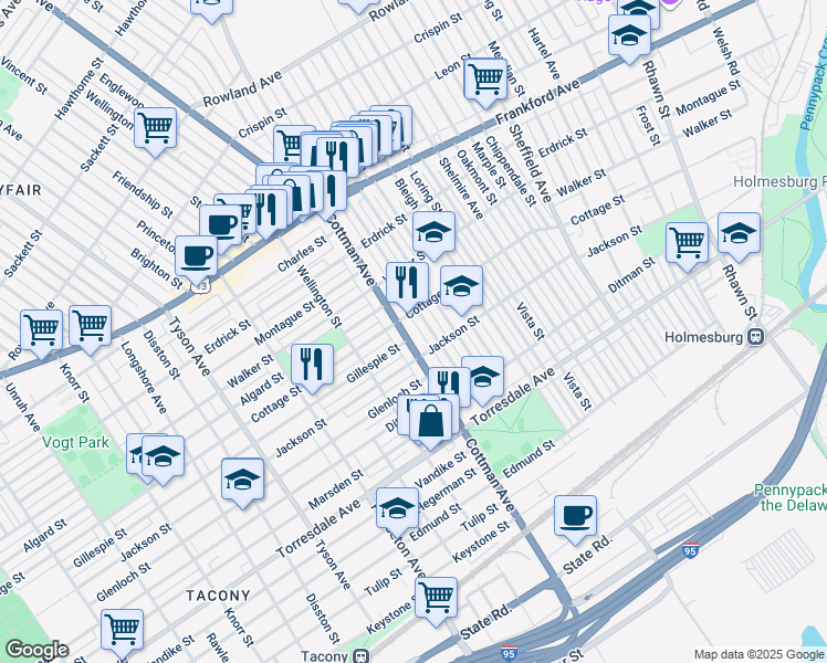 map of restaurants, bars, coffee shops, grocery stores, and more near 4419 Cottman Avenue in Philadelphia