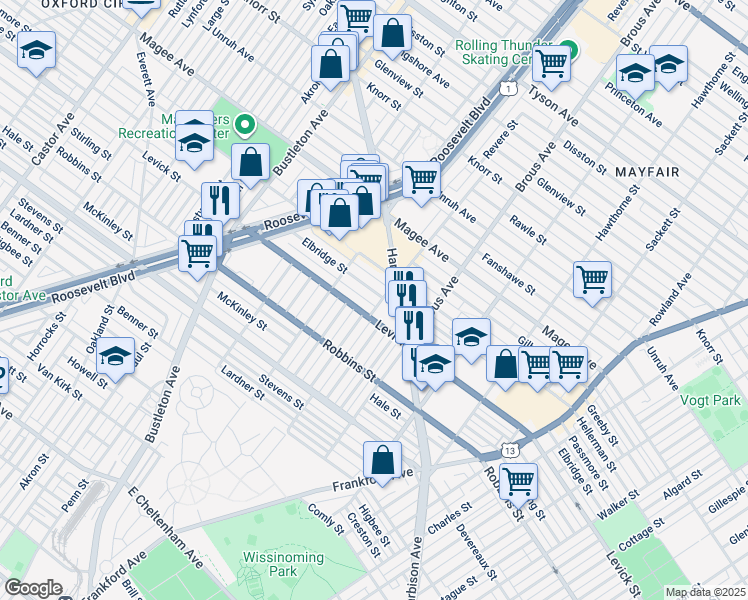 map of restaurants, bars, coffee shops, grocery stores, and more near 2746 Elbridge Street in Philadelphia